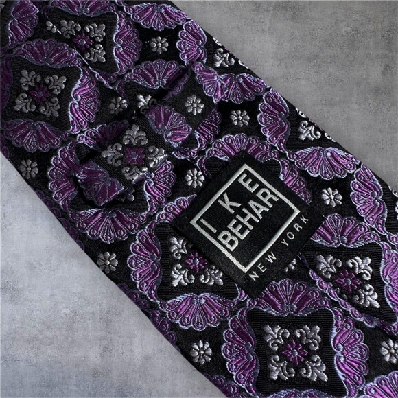 IKE BEHAR Silk Tie Floral geometric 100% Silk Necktie Black/Purple - Picture 4 of 7